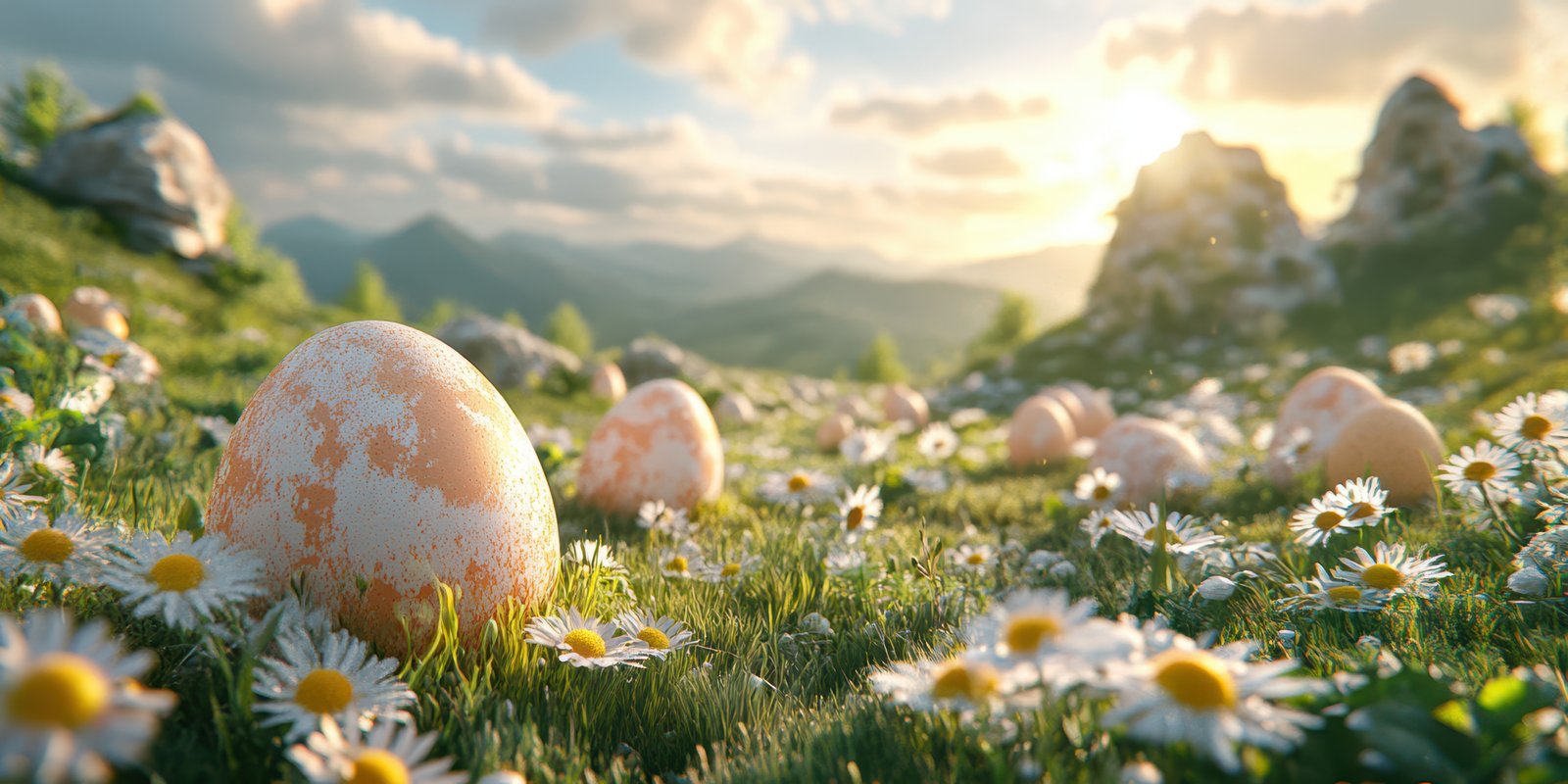Spring landscape with colorful eggs among daisies in a scenic mountain setting during golden hour